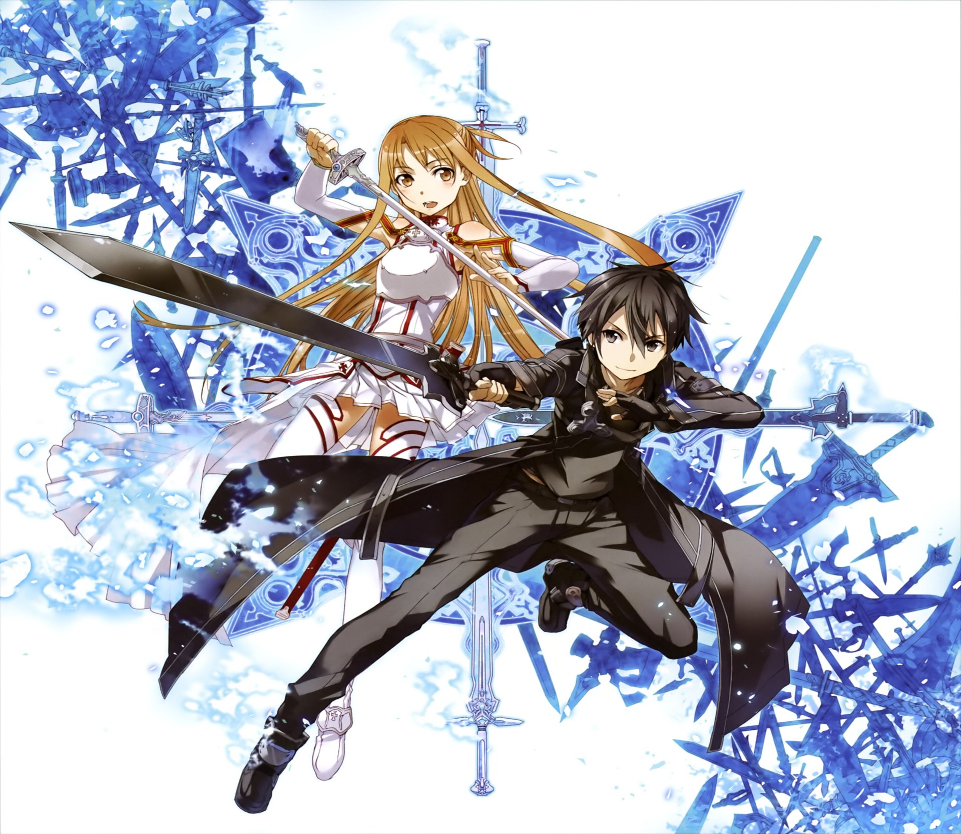Asuna Yuuki and Kirito from Sword Art Online wield their swords against a dynamic backdrop, capturing the intensity and adventure of the anime in this HD desktop wallpaper.