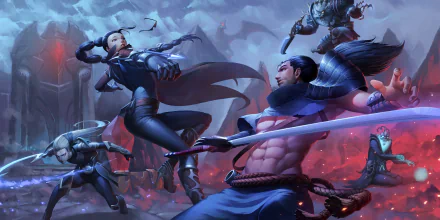 An action-packed scene featuring Rengar, Thresh, Yasuo, Vayne, and Diana from League of Legends, showcased as a stunning 4K Ultra HD desktop wallpaper.