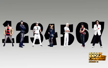 A stylish HD desktop wallpaper featuring characters from Scott Pilgrim vs. the World, lined up in front of oversized numbers 1 to 7, highlighting their unique looks and personalities.