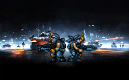 HD PC desktop wallpaper featuring a mashup crossover of Battlefield and Metal Slug video game characters and vehicles in a dramatic, pixel-art battle scene.
