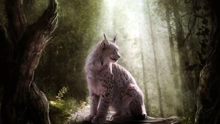 A serene lynx sits in a lush green forest, illuminated by soft sunlight filtering through the trees, creating a magical fantasy atmosphere in this HD wallpaper.