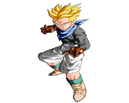 HD desktop wallpaper featuring Super Saiyan Trunks from Dragon Ball GT in an action pose, with a dark background highlighting his vibrant hair and dynamic outfit.