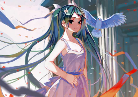 A vibrant HD desktop wallpaper featuring Hatsune Miku in a flowing white dress, surrounded by ribbons and a pigeon, with blue twintails and striking blue eyes, exuding a joyful smile.