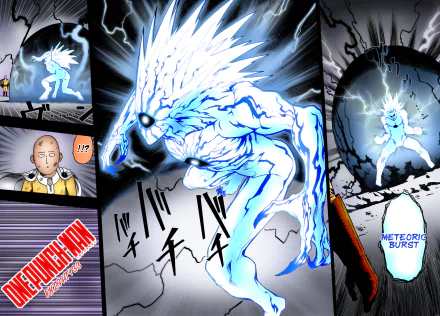 A dynamic One-Punch Man wallpaper featuring Lord Boros unleashing his Meteoric Burst, with Saitama observing, showcasing vibrant anime art and action.