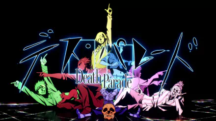 HD wallpaper of Death Parade featuring colorful animated characters on a dark background with dynamic poses.