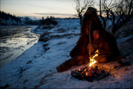 A captivating HD wallpaper featuring Leonardo DiCaprio in a scene from the movie The Revenant, depicting a rugged winter landscape with a solitary figure by a fire.