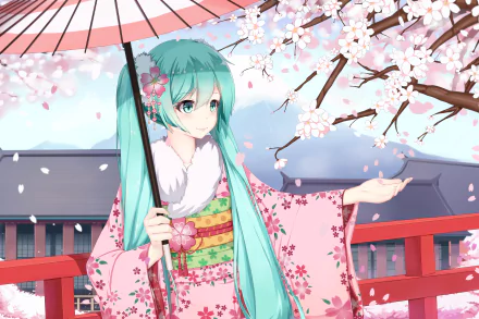 Anime character Hatsune Miku with blue hair and eyes, wearing a kimono, holding an umbrella under sakura blossoms. The desktop wallpaper features vibrant twintails and floating petals in an HD background.