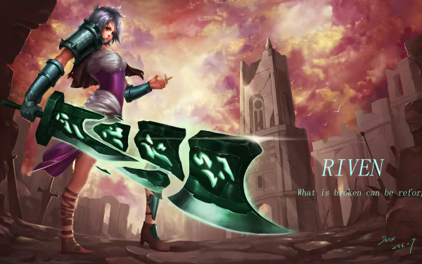 Riven from League of Legends stands ready with her glowing blade against a dramatic, fiery sky in this 4K Ultra HD PC desktop wallpaper.