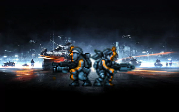 HD PC desktop wallpaper featuring a mashup crossover of Battlefield and Metal Slug video game characters and vehicles in a dramatic, pixel-art battle scene.