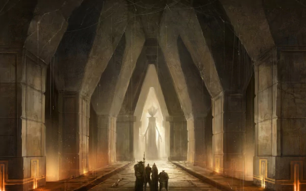 HD PC desktop wallpaper from the video game Dragon Age II featuring a group of characters standing in a grand, dimly lit stone hall with a glowing statue at the far end.