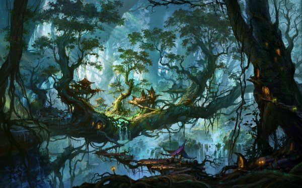 Fantasy Forest Tree Village HD Wallpaper | Background Image