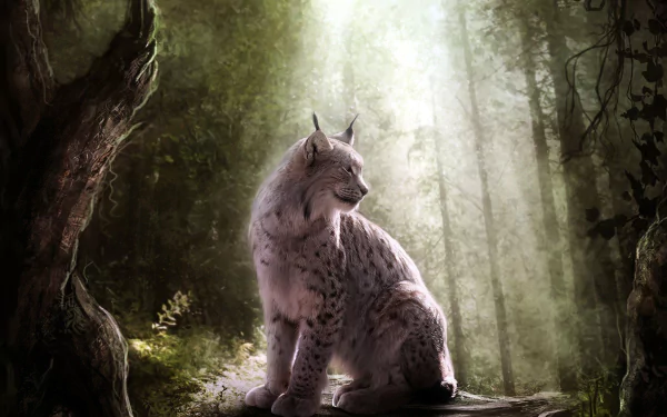 A serene lynx sits in a lush green forest, illuminated by soft sunlight filtering through the trees, creating a magical fantasy atmosphere in this HD wallpaper.