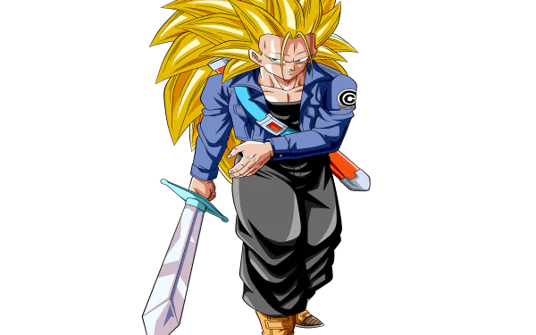 Trunks from Dragon Ball Z, portrayed in vibrant 4K Ultra HD, wields a sword and showcases his iconic spiky hair, capturing the essence of this popular anime character.