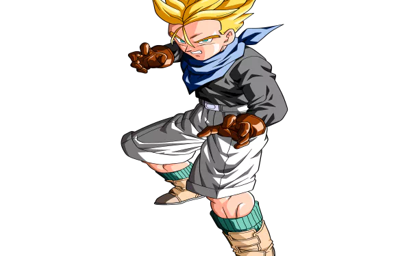 HD desktop wallpaper featuring Super Saiyan Trunks from Dragon Ball GT in an action pose, with a dark background highlighting his vibrant hair and dynamic outfit.