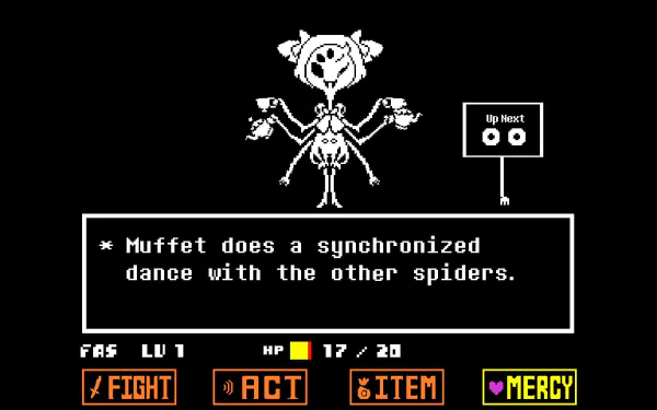 HD desktop wallpaper featuring Muffet from Undertale, showcased in a classic game battle scene doing a synchronized dance.