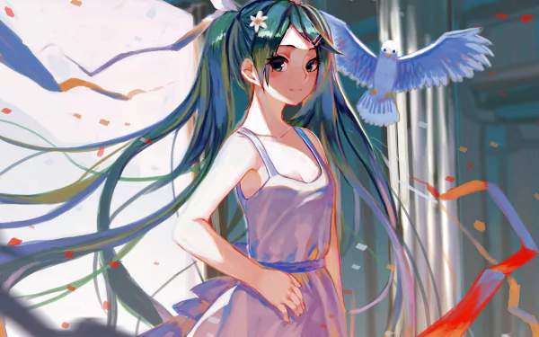 A vibrant HD desktop wallpaper featuring Hatsune Miku in a flowing white dress, surrounded by ribbons and a pigeon, with blue twintails and striking blue eyes, exuding a joyful smile.