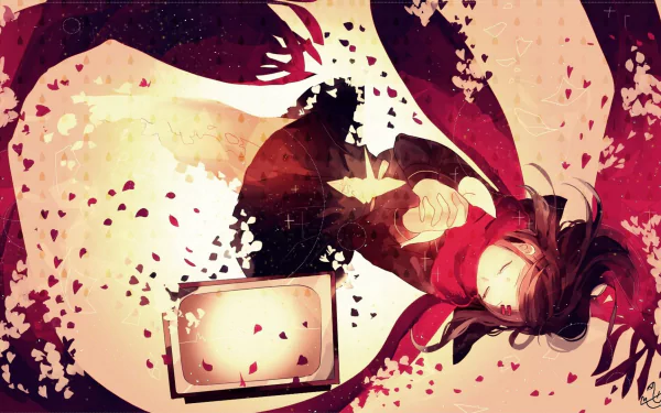 A captivating HD wallpaper featuring Ayano Tateyama from the Kagerou Project, showcasing her long brown hair, distinctive hairpin, and flowing scarf amidst a flurry of petals.