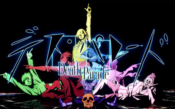 HD wallpaper of Death Parade featuring colorful animated characters on a dark background with dynamic poses.