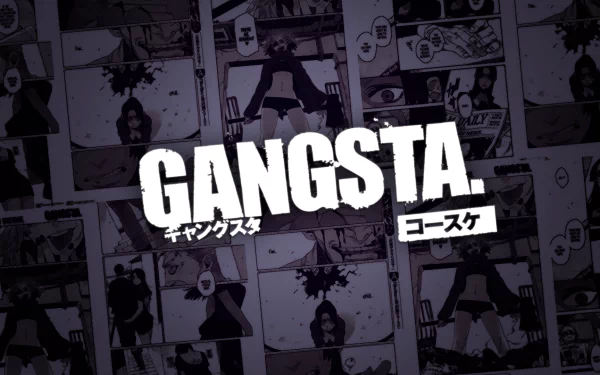 A stylish HD desktop wallpaper featuring the title GANGSTA. in bold, with an artistic background of manga-style panels, capturing the essence of anime culture.