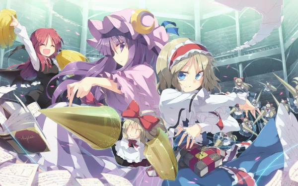 Touhou HD anime wallpaper: Patchouli Knowledge (purple hair, purple eyes, frilled hat), Alice Margatroid (blonde, blue eyes, short hair), Shanghai and Koakuma (red hair), chibi maid and magic books.