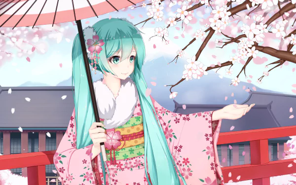 Anime character Hatsune Miku with blue hair and eyes, wearing a kimono, holding an umbrella under sakura blossoms. The desktop wallpaper features vibrant twintails and floating petals in an HD background.