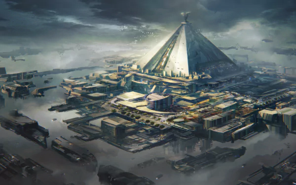 Futuristic city featuring a majestic pyramid on a floating island, enveloped in mist, inspired by elements of Game of Thrones, creating a captivating sci-fi landscape.