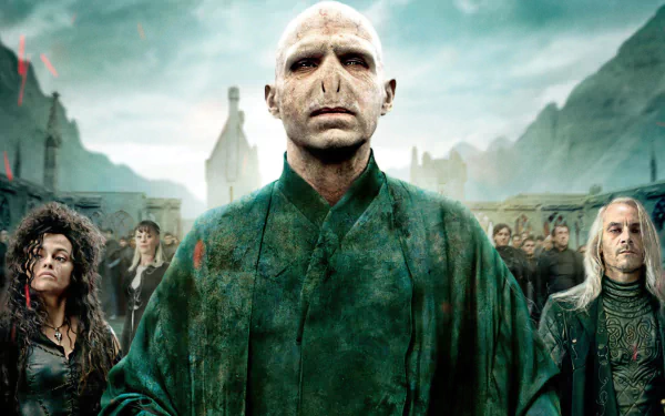 HD desktop wallpaper featuring Lord Voldemort and Bellatrix Lestrange from the movie Harry Potter and the Deathly Hallows: Part 2.