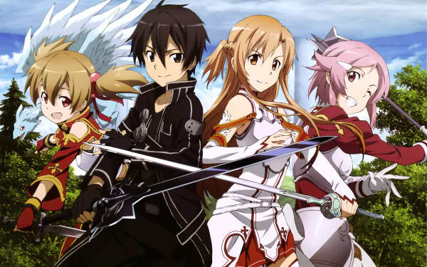 HD wallpaper featuring characters Lisbeth, Asuna Yuuki, Kirito, Silica, and Pina from Sword Art Online, set against a vibrant forest background.