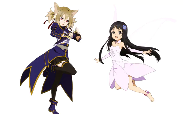 4K Ultra HD anime wallpaper featuring Yui and Silica from Sword Art Online in vibrant, detailed designs against a plain white background.