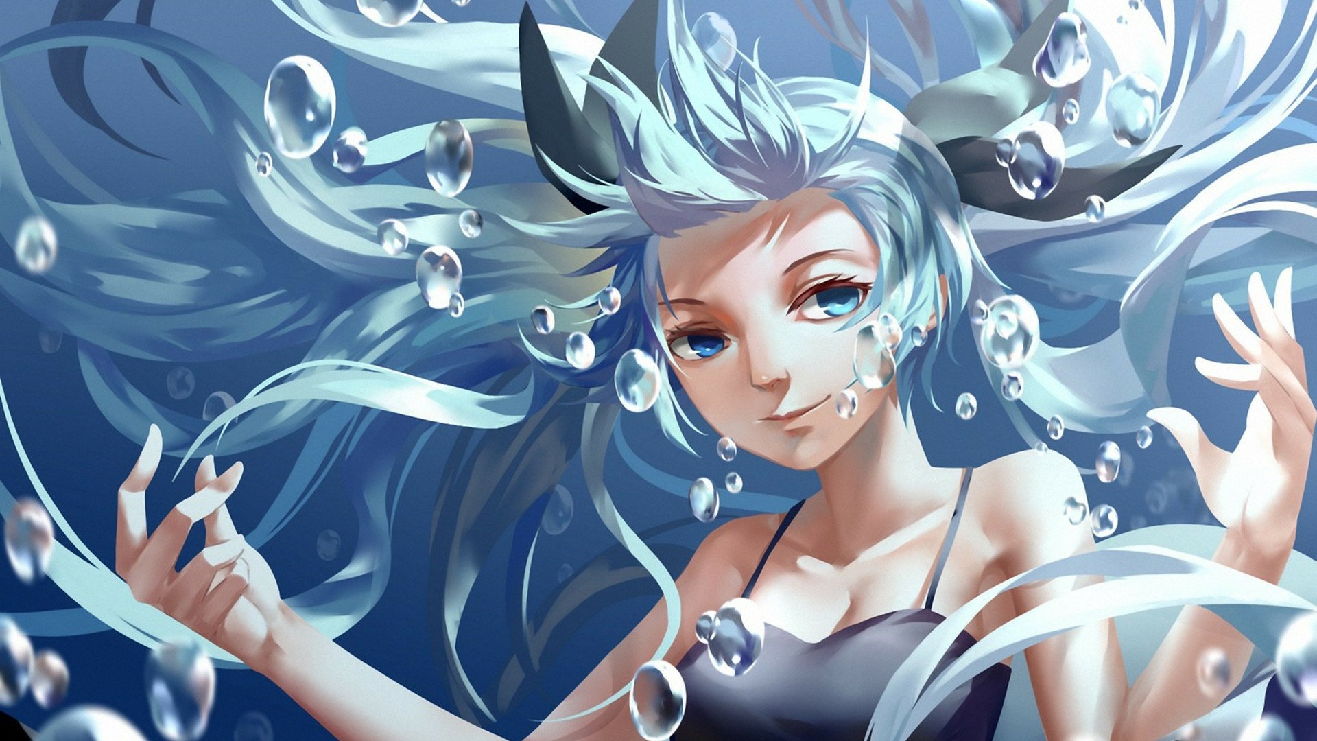Underwater scene featuring Hatsune Miku with blue hair and twintails, smiling amidst bubbles, capturing the essence of music and anime. A vibrant HD wallpaper.