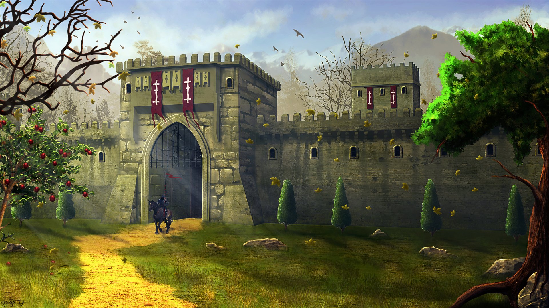 HD fantasy desktop wallpaper depicting a knight warrior standing by a large stone gate of a medieval fortress under a partly cloudy sky.