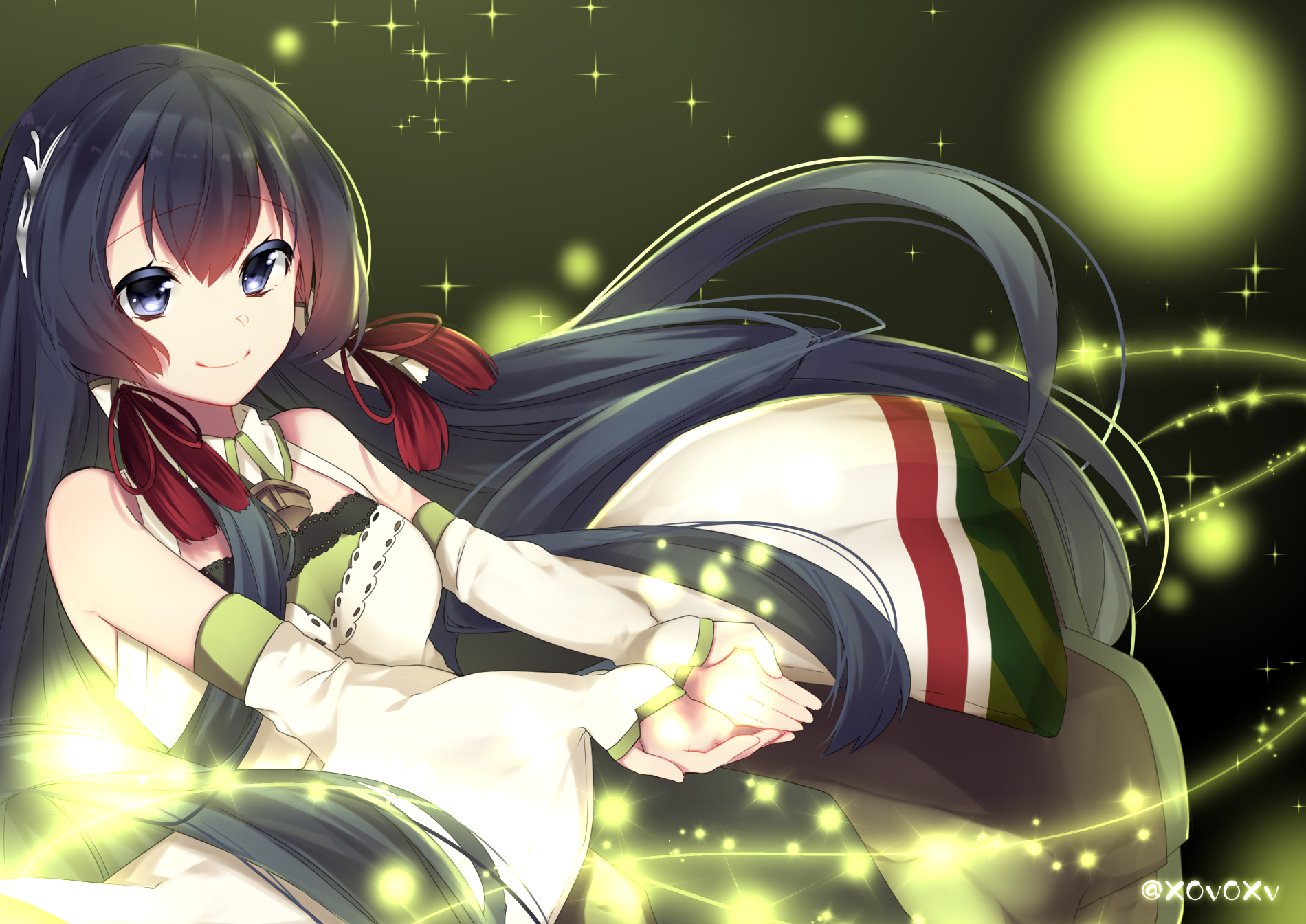 A charming anime girl with long black hair and blue eyes smiles while wearing a white dress. She is Mizuho from Kantai Collection, surrounded by a vibrant, glowing background.