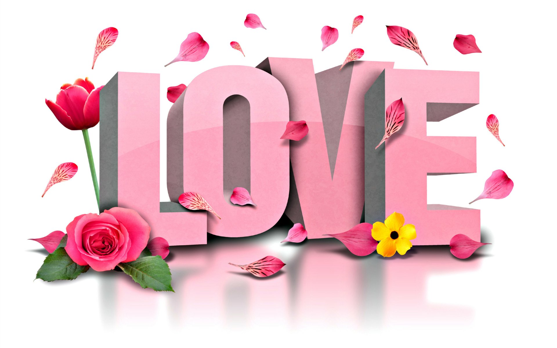 HD desktop wallpaper featuring the word LOVE in pink, surrounded by pink tulip and rose petals, flowers, and small blooms, evoking a Valentine's Day holiday theme.