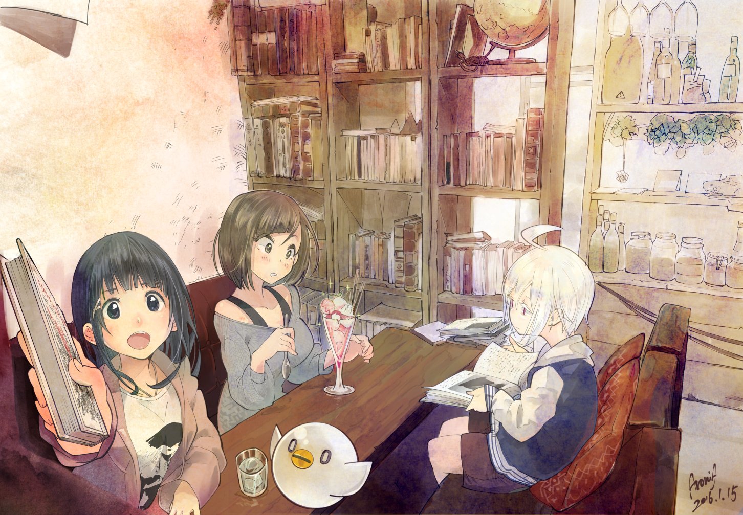A cozy anime scene featuring two girls with black and short white hair, enjoying ice cream and books in a warmly lit café, surrounded by shelves of literature.