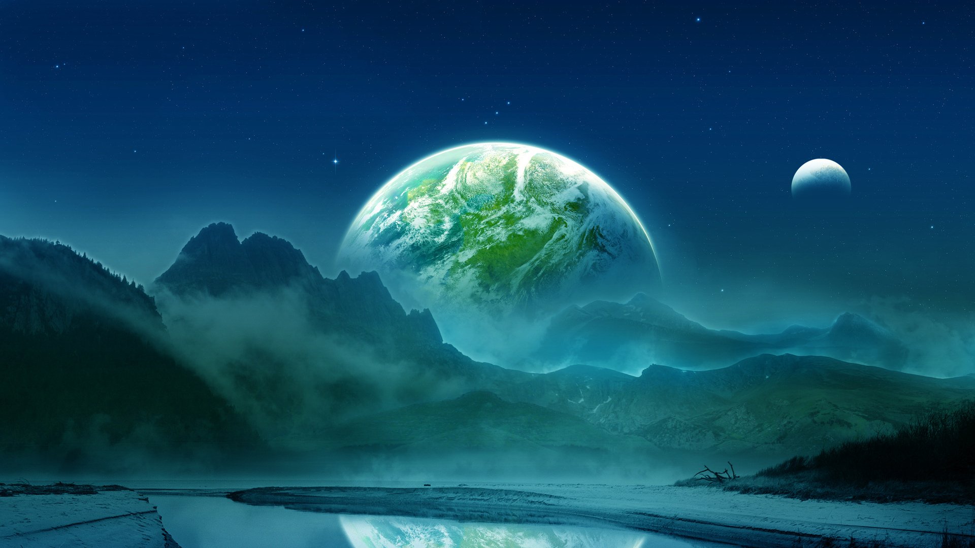A stunning sci-fi scene featuring a large planet rising over a serene landscape, with mountains and a reflective body of water, creating a captivating HD desktop wallpaper.