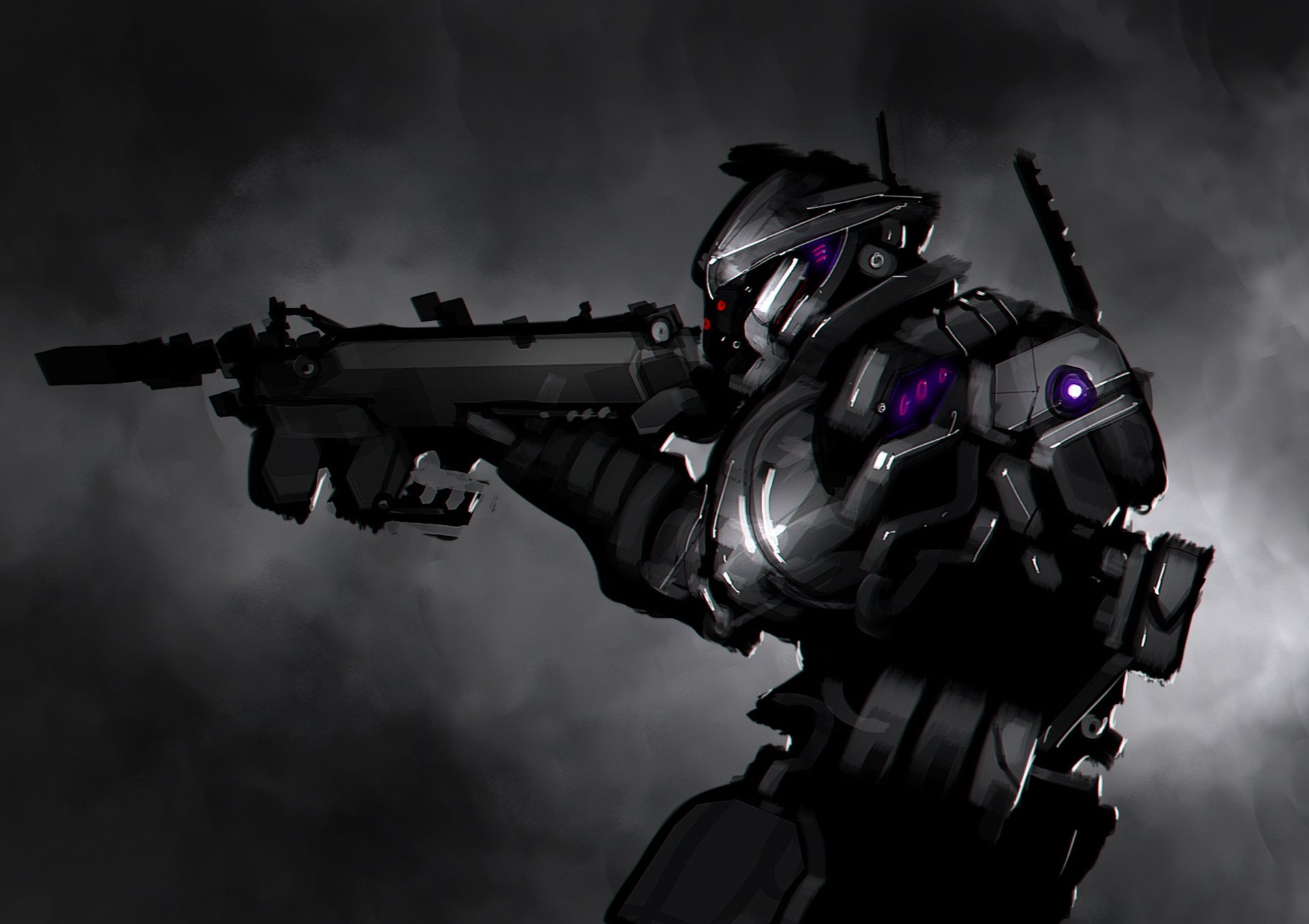 Sci-fi armored warrior in black power armor with glowing purple lights, wielding a heavy rifle against a smoky backdrop — HD PC desktop wallpaper/background.