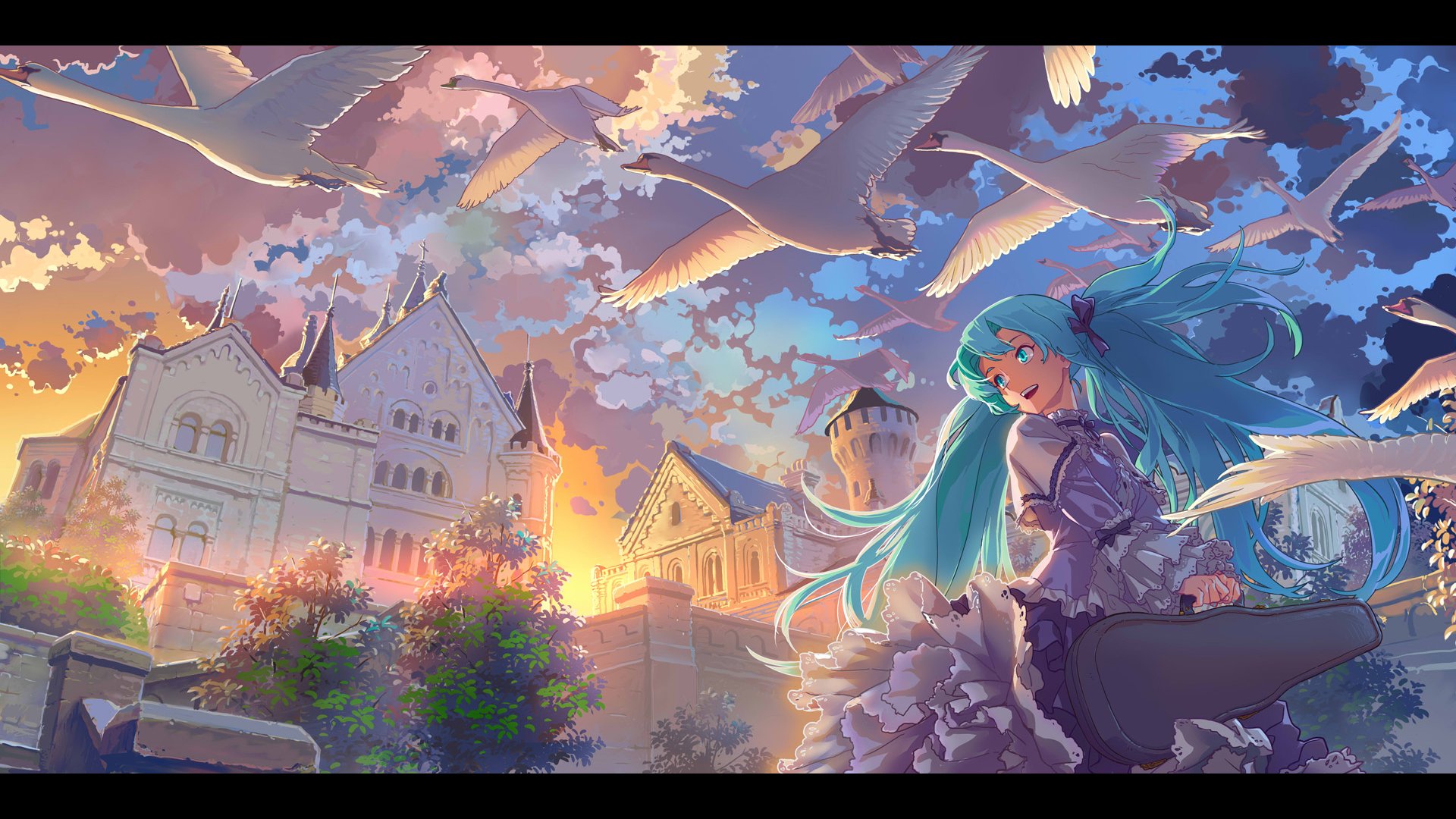 HD anime desktop wallpaper featuring Hatsune Miku from Vocaloid, set against a vibrant sunset sky with birds and an elegant castle backdrop.
