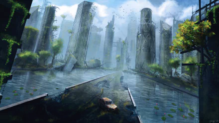 A surreal post-apocalyptic cityscape featuring towering skyscrapers in ruins, surrounded by water and overgrown vegetation, blending sci-fi elements with a haunting atmosphere.