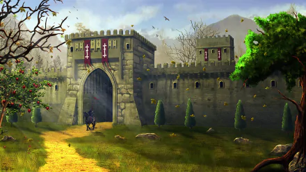 HD fantasy desktop wallpaper depicting a knight warrior standing by a large stone gate of a medieval fortress under a partly cloudy sky.