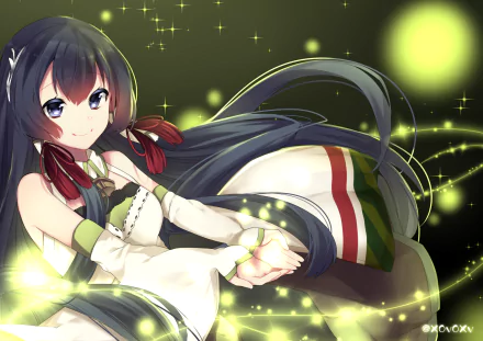 A charming anime girl with long black hair and blue eyes smiles while wearing a white dress. She is Mizuho from Kantai Collection, surrounded by a vibrant, glowing background.