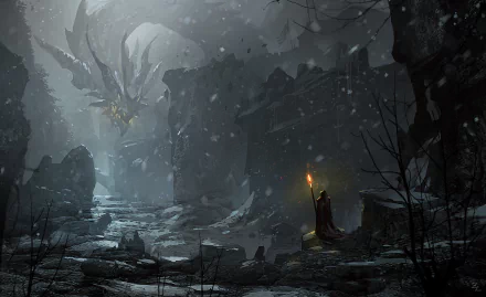HD fantasy landscape wallpaper depicting a snowy scene with a mysterious cloaked figure holding a torch facing a massive, shadowy creature amid ancient ruins.