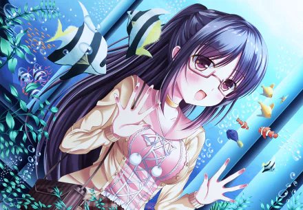 A vibrant anime character with purple hair and glasses interacts with colorful fish in an aquarium setting, showcasing her purple eyes and a playful blush, framed by bubbles and water.