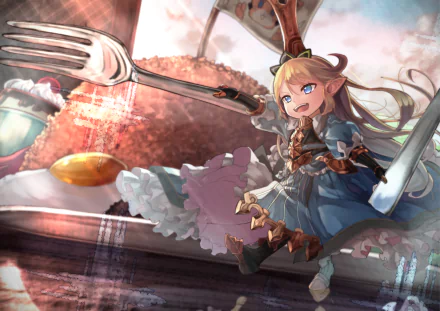 Chibi Charlotta from Granblue Fantasy with long blonde hair, blue dress, pointed ears, and blue eyes, holding a fork, set against a food-themed HD desktop background.