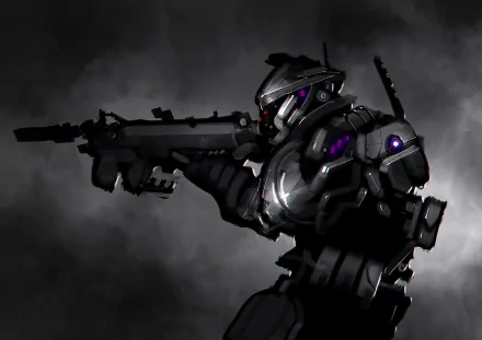 Sci-fi armored warrior in black power armor with glowing purple lights, wielding a heavy rifle against a smoky backdrop — HD PC desktop wallpaper/background.