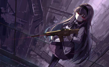 A captivating HD wallpaper featuring Homura Akemi from *Puella Magi Madoka Magica*, poised with a firearm amidst a dark, atmospheric urban backdrop.