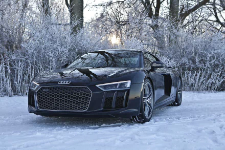 HD PC desktop wallpaper of a black Audi R8 sports car parked on snow in a frost-covered forest, low-angle view with soft morning light.