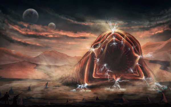 HD PC desktop wallpaper depicting a desert landscape with a colossal sandworm creature from the 1984 movie Dune under a moody, cloudy sky with distant planets visible.