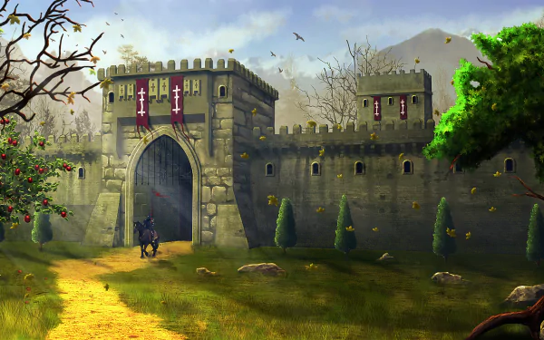 HD fantasy desktop wallpaper depicting a knight warrior standing by a large stone gate of a medieval fortress under a partly cloudy sky.