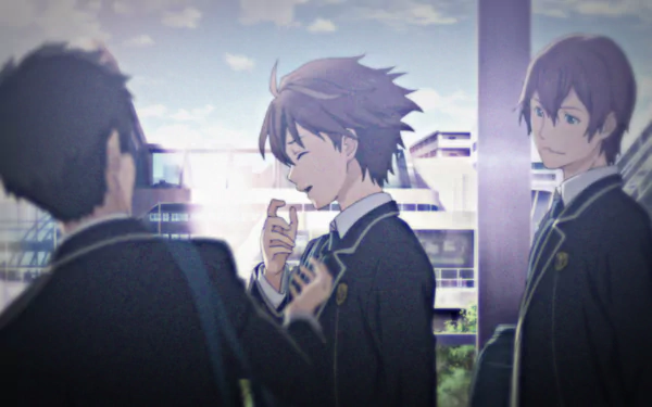 HD anime desktop wallpaper featuring Shu Ouma from Guilty Crown in a school uniform, smiling with short brown hair, standing outdoors with two other students.