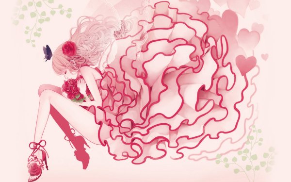 Anime Original Pink Dress Long Hair Pink Hair Fleur Rose Papillon Fond d'écran HD | Image